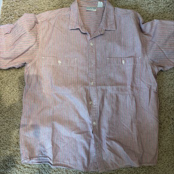 Vintage 90s Patagonia Organic Cotton Go To Shirt Red & Blue Stripe LARGE - Picture 16 of 16